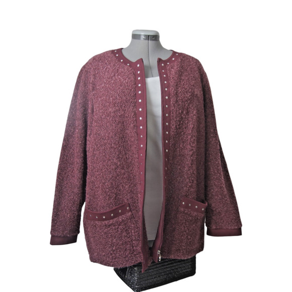 Cathy Daniels Sweaters - Cathy Daniels Burgundy Boucle Full Zip Cardigan Sweater Studded Plus 2X